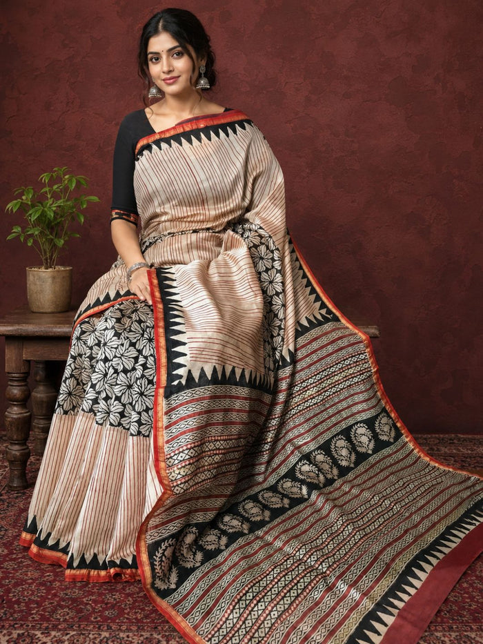 Indiehaat | Beige Chanderi Silk Kalamkari Saree