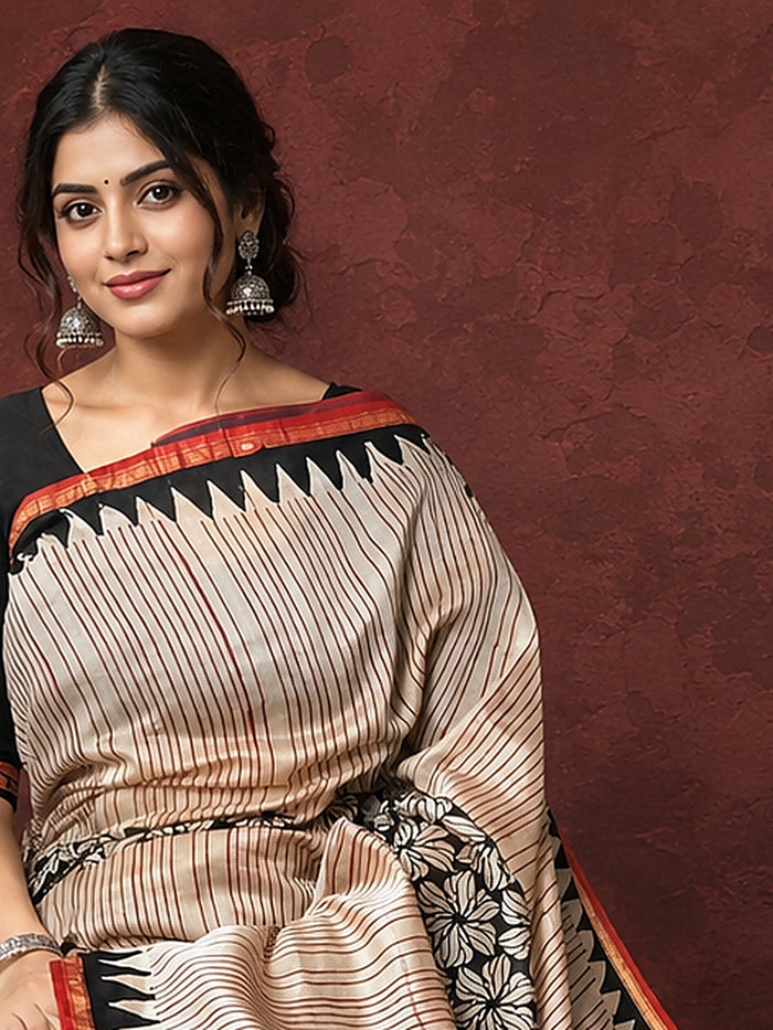 Indiehaat | Beige Chanderi Silk Kalamkari Saree