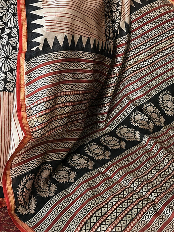 Indiehaat | Beige Chanderi Silk Kalamkari Saree