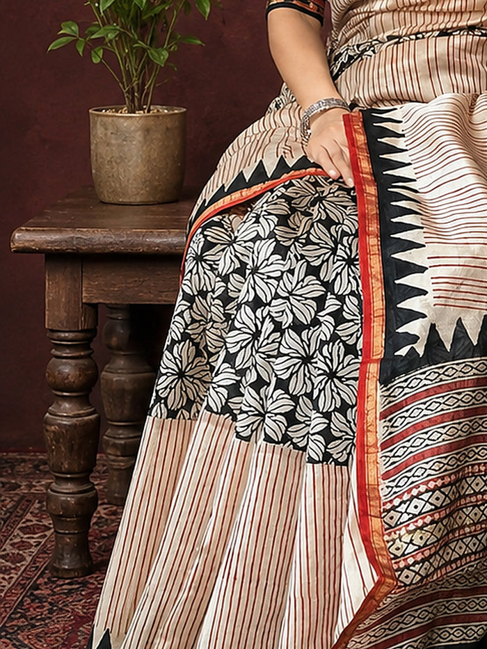 Indiehaat | Beige Chanderi Silk Kalamkari Saree