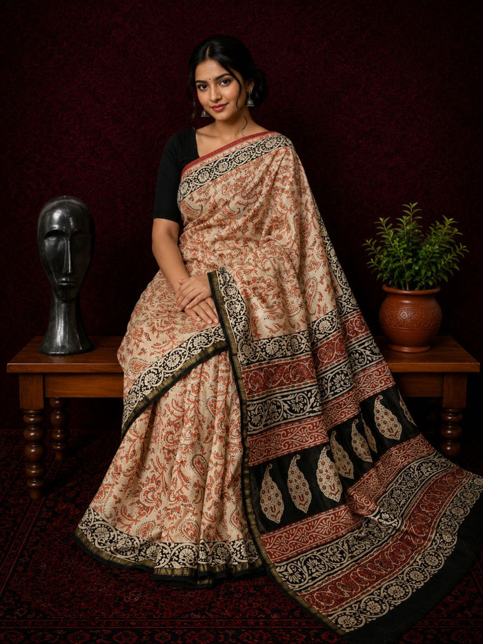 Indiehaat | Beige Chanderi Silk Kalamkari Saree