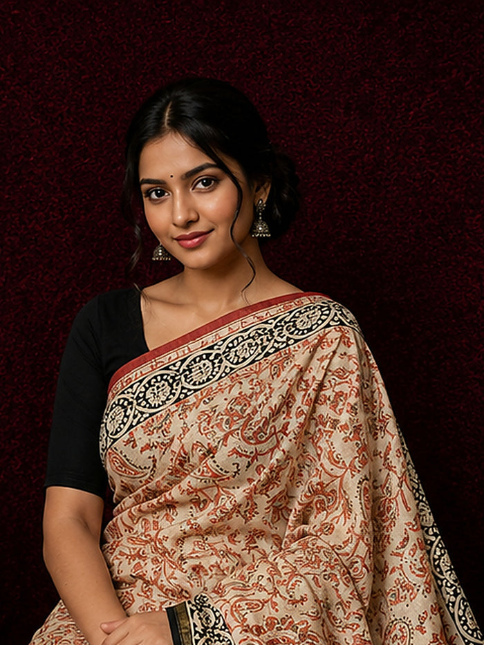 Indiehaat | Beige Chanderi Silk Kalamkari Saree
