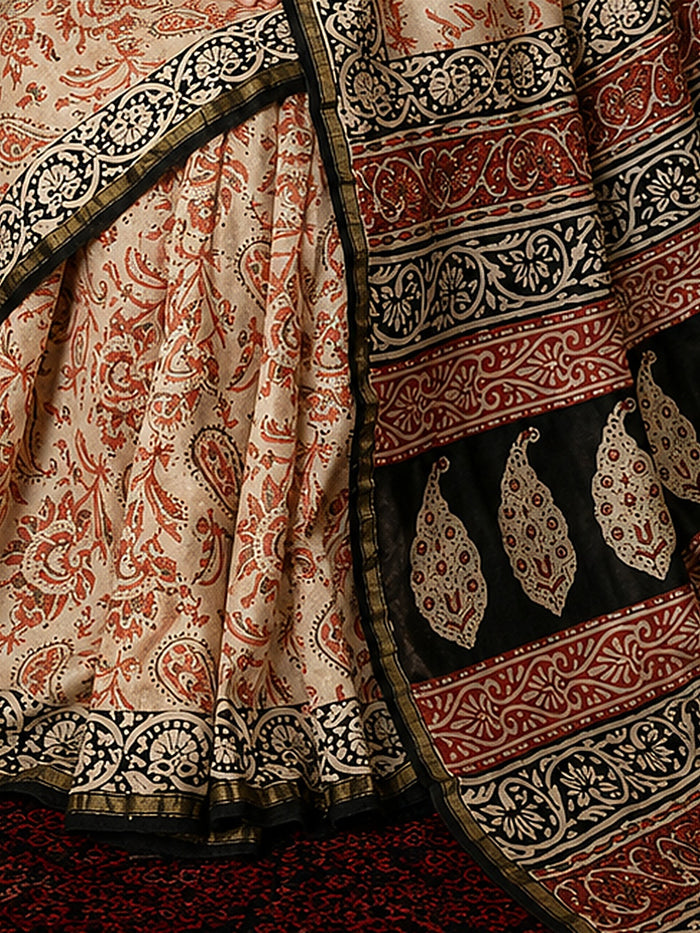 Indiehaat | Beige Chanderi Silk Kalamkari Saree