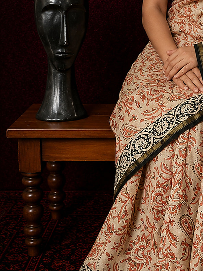 Indiehaat | Beige Chanderi Silk Kalamkari Saree
