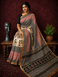 Indiehaat | Beige Chanderi Silk Kalamkari Saree