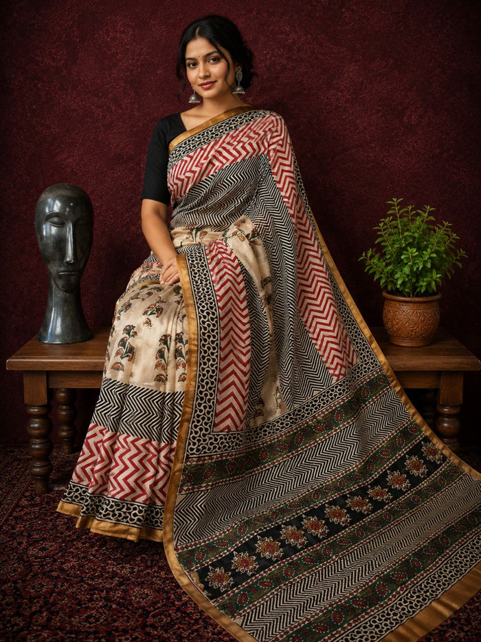 Indiehaat | Beige Chanderi Silk Kalamkari Saree