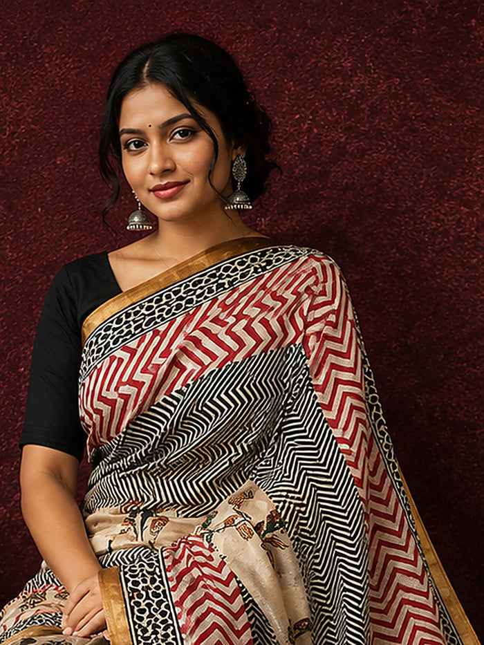 Indiehaat | Beige Chanderi Silk Kalamkari Saree