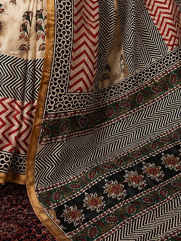 Indiehaat | Beige Chanderi Silk Kalamkari Saree