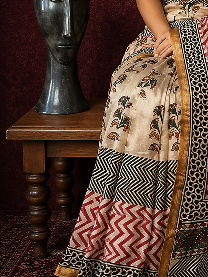Indiehaat | Beige Chanderi Silk Kalamkari Saree