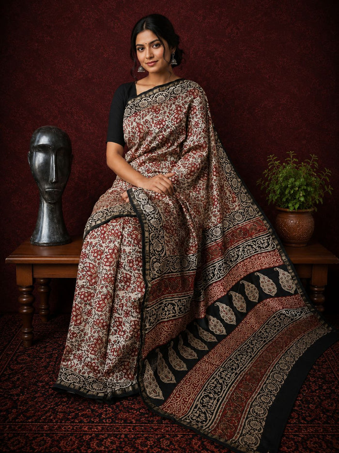 Indiehaat | Beige Chanderi Silk Kalamkari Saree