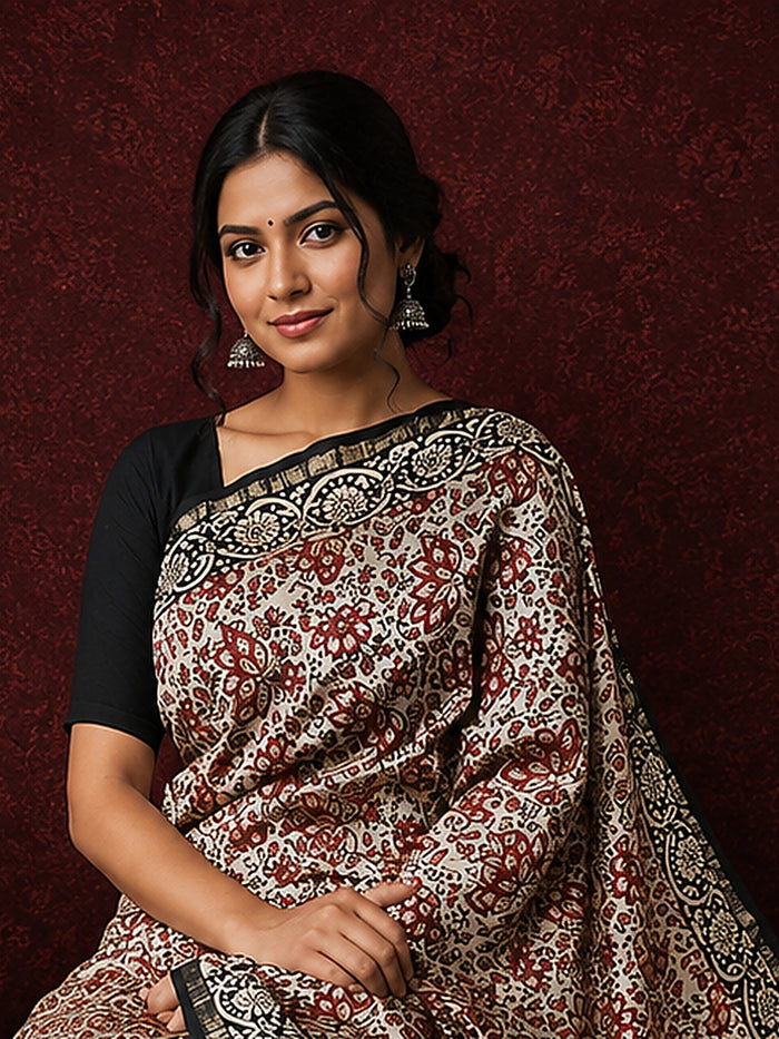 Indiehaat | Beige Chanderi Silk Kalamkari Saree