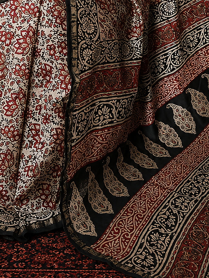 Indiehaat | Beige Chanderi Silk Kalamkari Saree