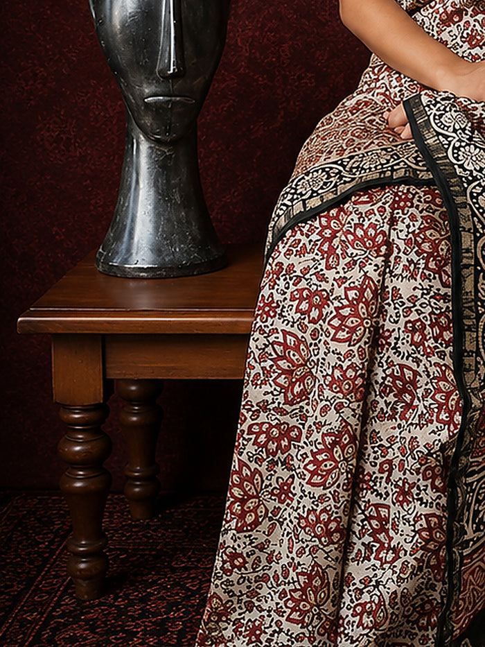 Indiehaat | Beige Chanderi Silk Kalamkari Saree