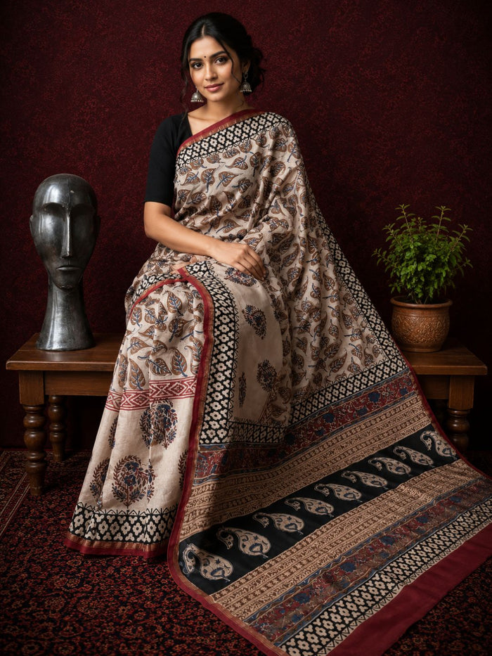 Indiehaat | Beige Chanderi Silk Kalamkari Saree