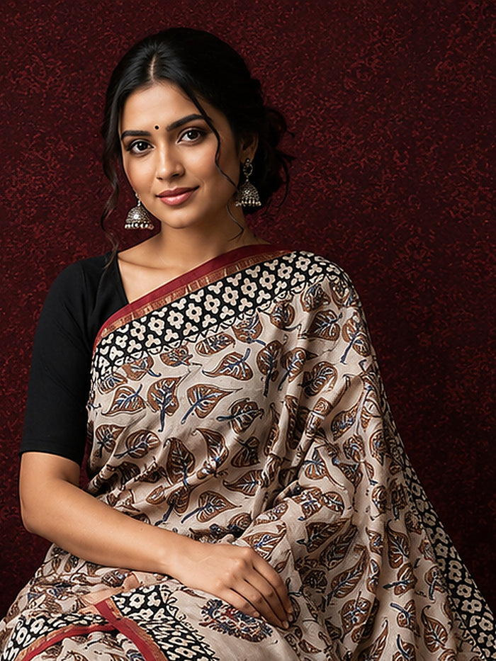 Indiehaat | Beige Chanderi Silk Kalamkari Saree
