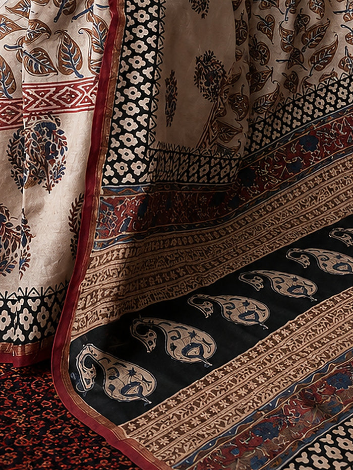 Indiehaat | Beige Chanderi Silk Kalamkari Saree
