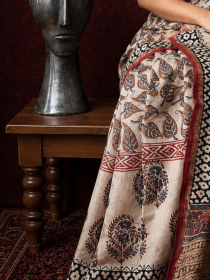 Indiehaat | Beige Chanderi Silk Kalamkari Saree