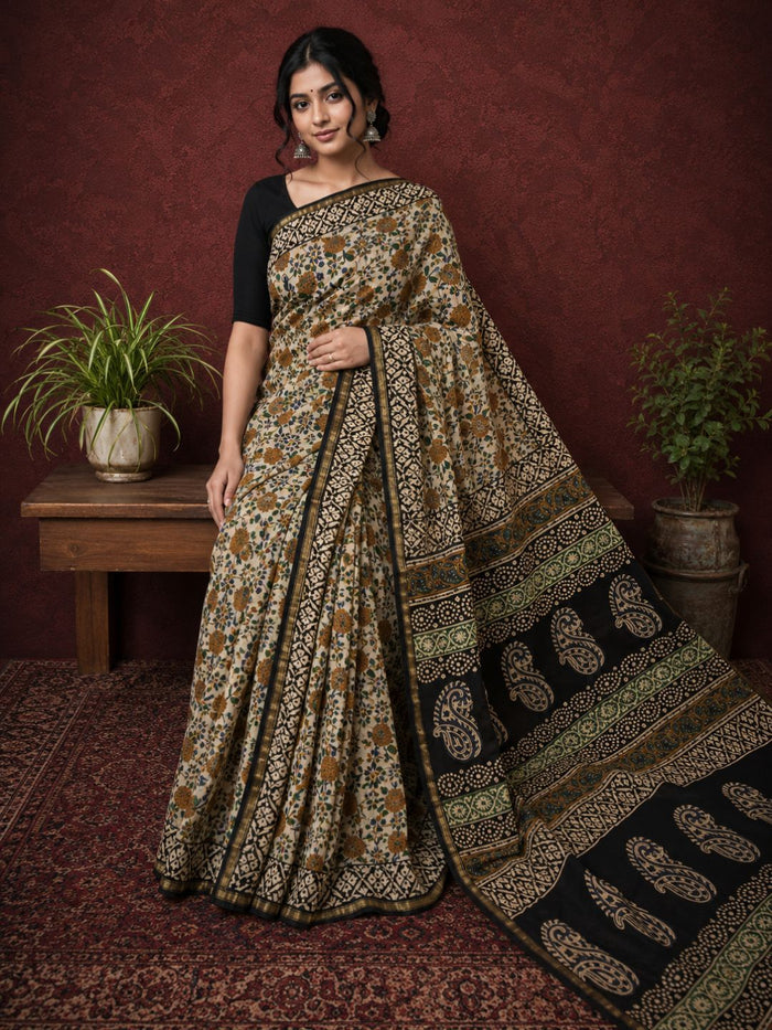 Indiehaat | Beige Chanderi Silk Kalamkari Saree