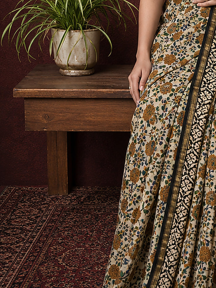 Indiehaat | Beige Chanderi Silk Kalamkari Saree