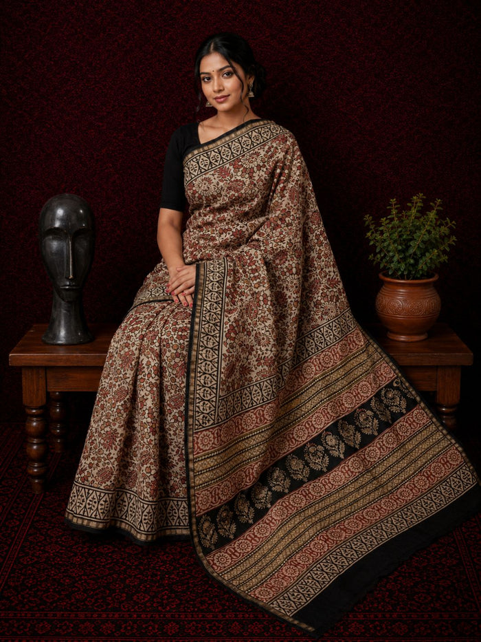 Indiehaat | Beige Chanderi Silk Kalamkari Saree