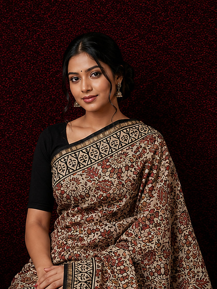 Indiehaat | Beige Chanderi Silk Kalamkari Saree