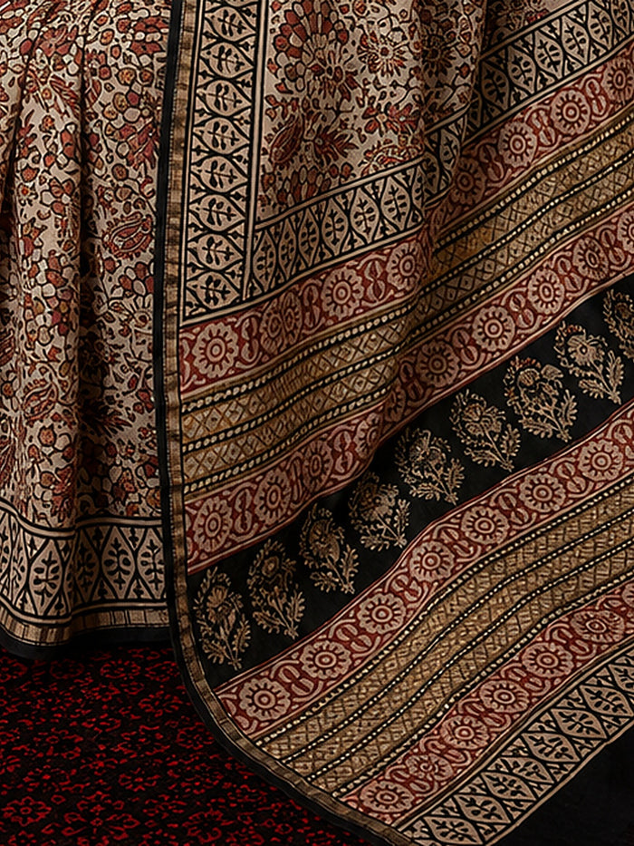 Indiehaat | Beige Chanderi Silk Kalamkari Saree