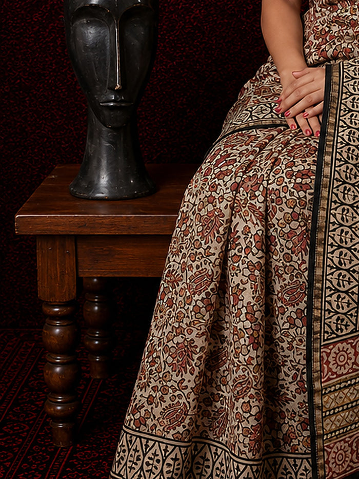 Indiehaat | Beige Chanderi Silk Kalamkari Saree
