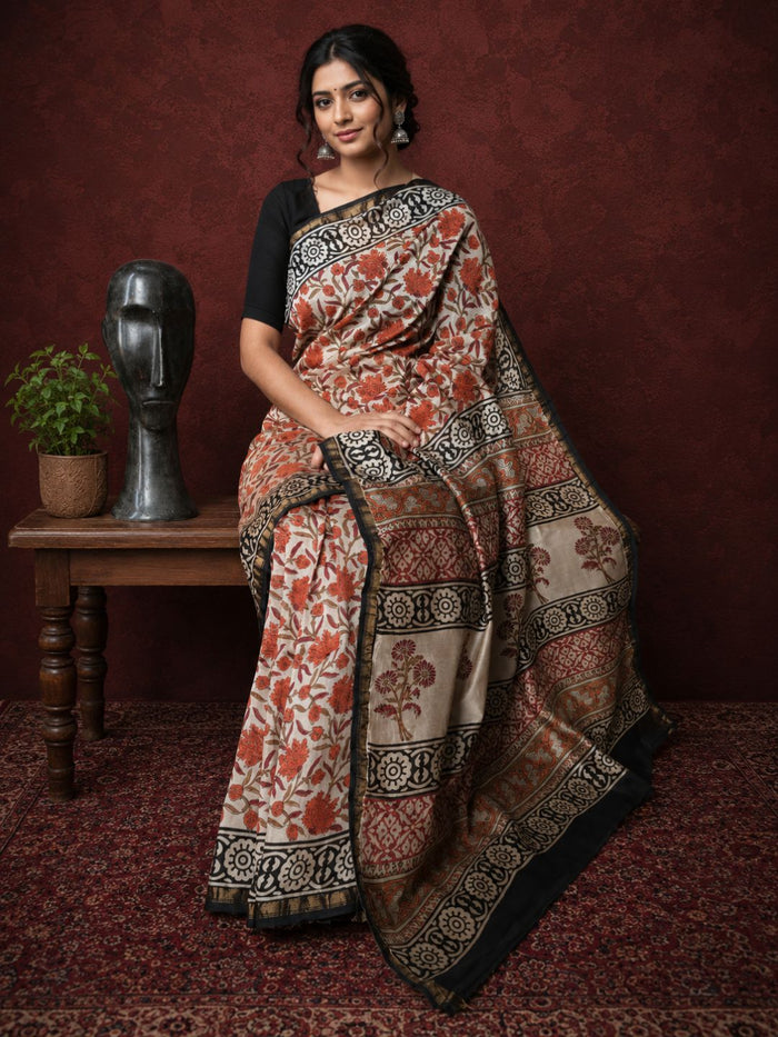 Indiehaat | Beige Chanderi Silk Kalamkari Saree