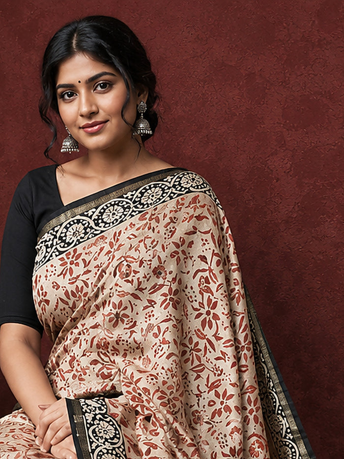 Indiehaat | Beige Chanderi Silk Kalamkari Saree
