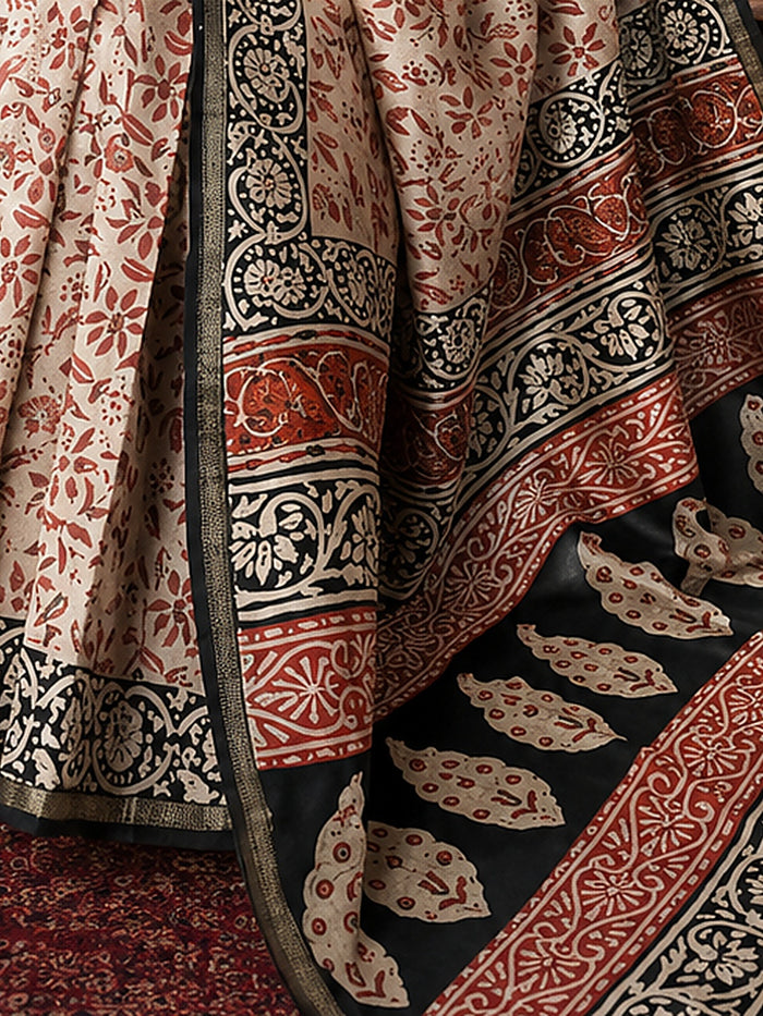Indiehaat | Beige Chanderi Silk Kalamkari Saree