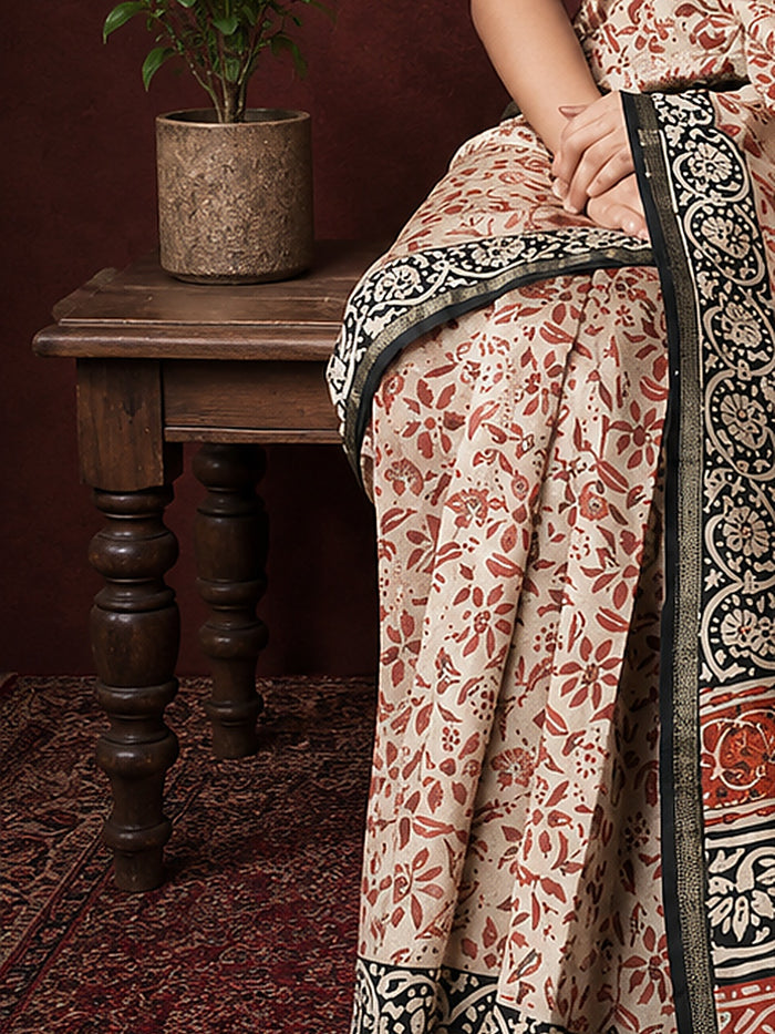 Indiehaat | Beige Chanderi Silk Kalamkari Saree