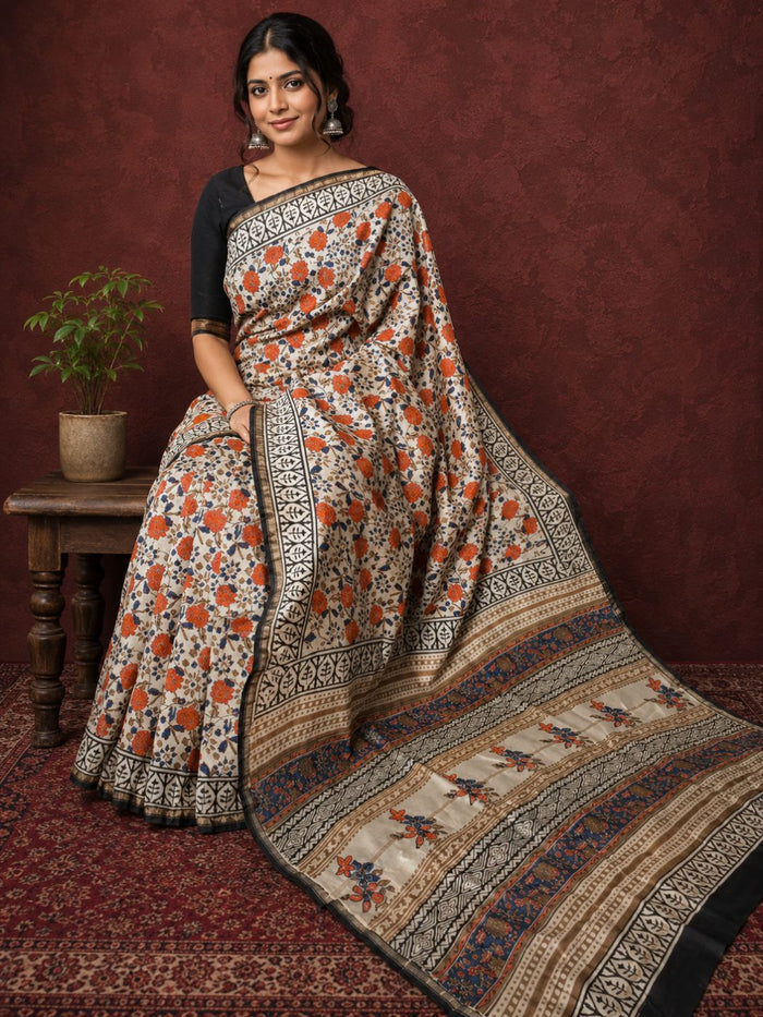 Indiehaat | Beige Chanderi Silk Kalamkari Saree