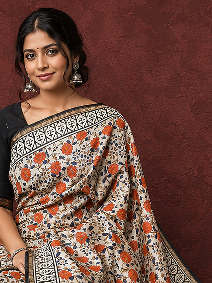 Indiehaat | Beige Chanderi Silk Kalamkari Saree