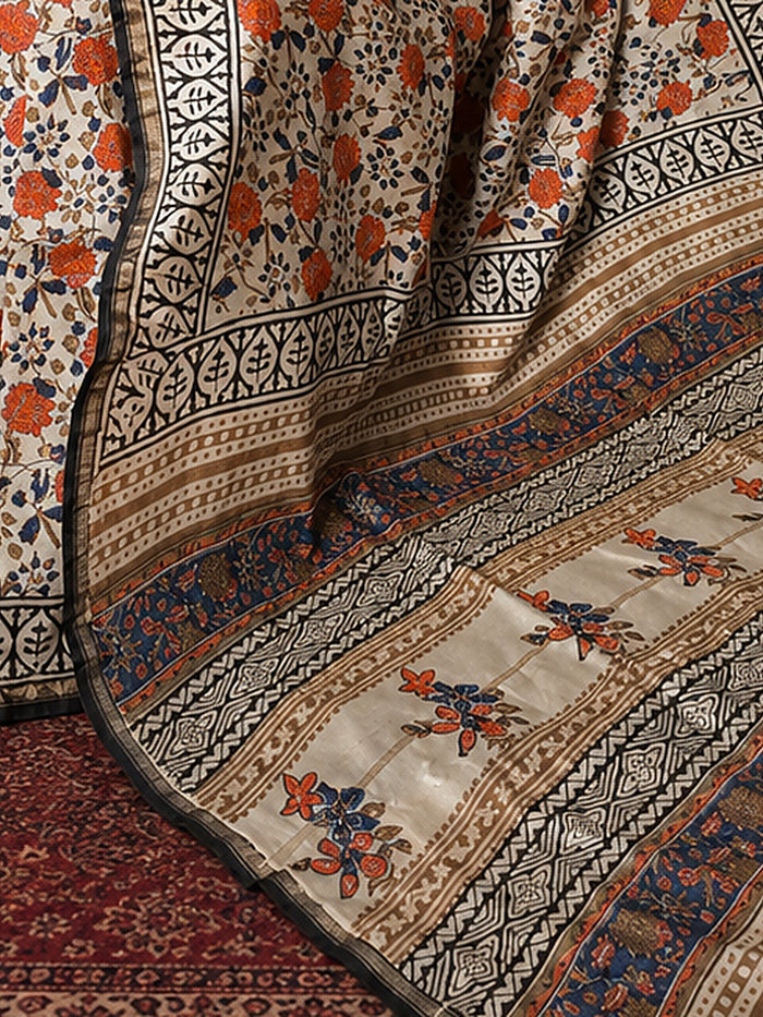 Indiehaat | Beige Chanderi Silk Kalamkari Saree