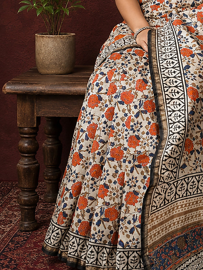 Indiehaat | Beige Chanderi Silk Kalamkari Saree