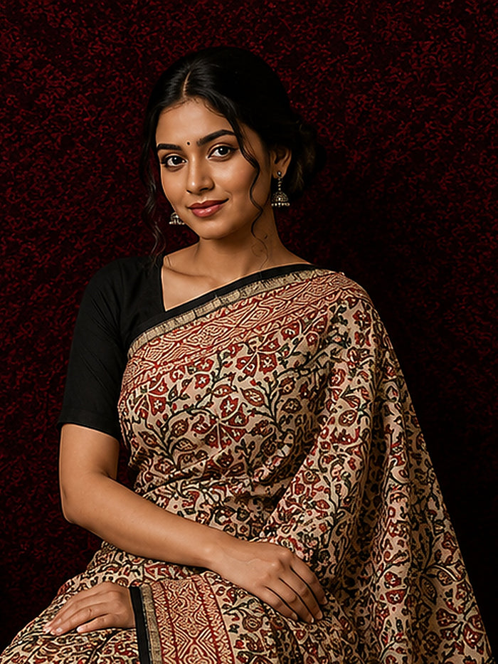 Indiehaat | Beige Chanderi Silk Kalamkari Saree