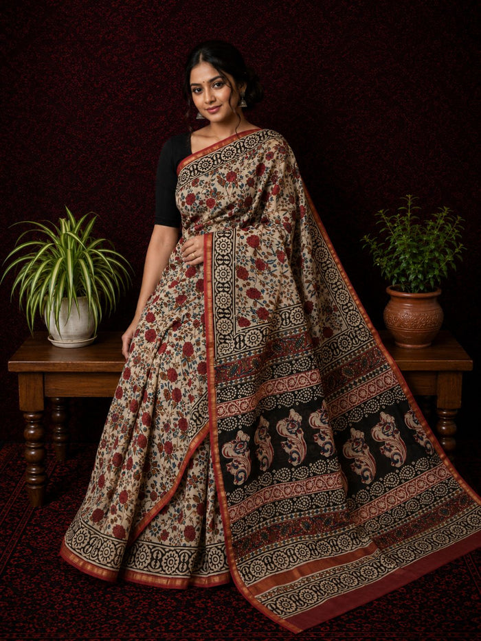 Indiehaat | Beige Chanderi Silk Kalamkari Saree