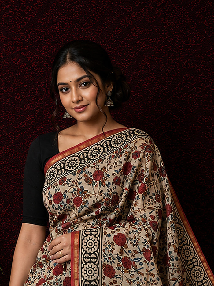 Indiehaat | Beige Chanderi Silk Kalamkari Saree