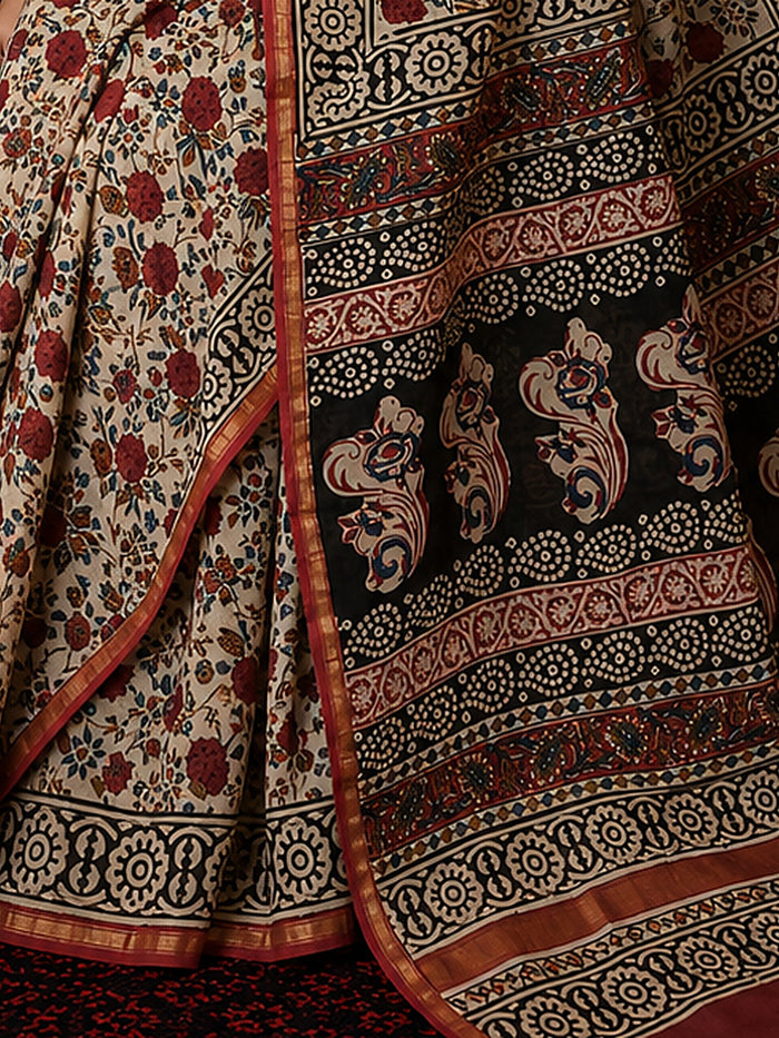 Indiehaat | Beige Chanderi Silk Kalamkari Saree
