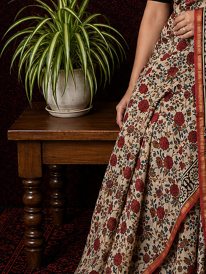 Indiehaat | Beige Chanderi Silk Kalamkari Saree