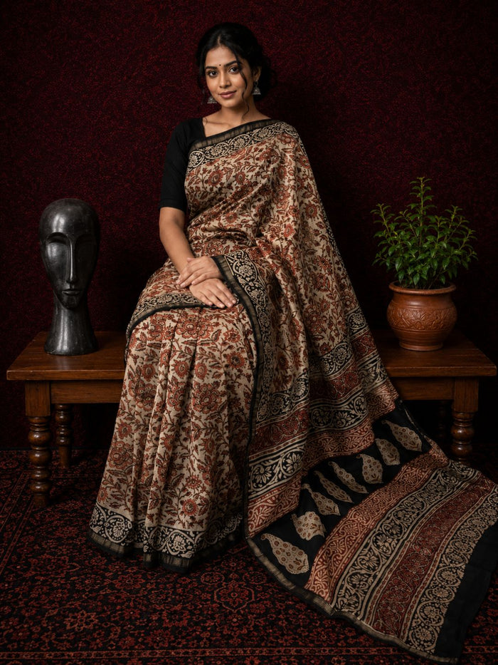 Indiehaat | Beige Chanderi Silk Kalamkari Saree
