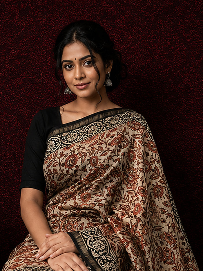 Indiehaat | Beige Chanderi Silk Kalamkari Saree