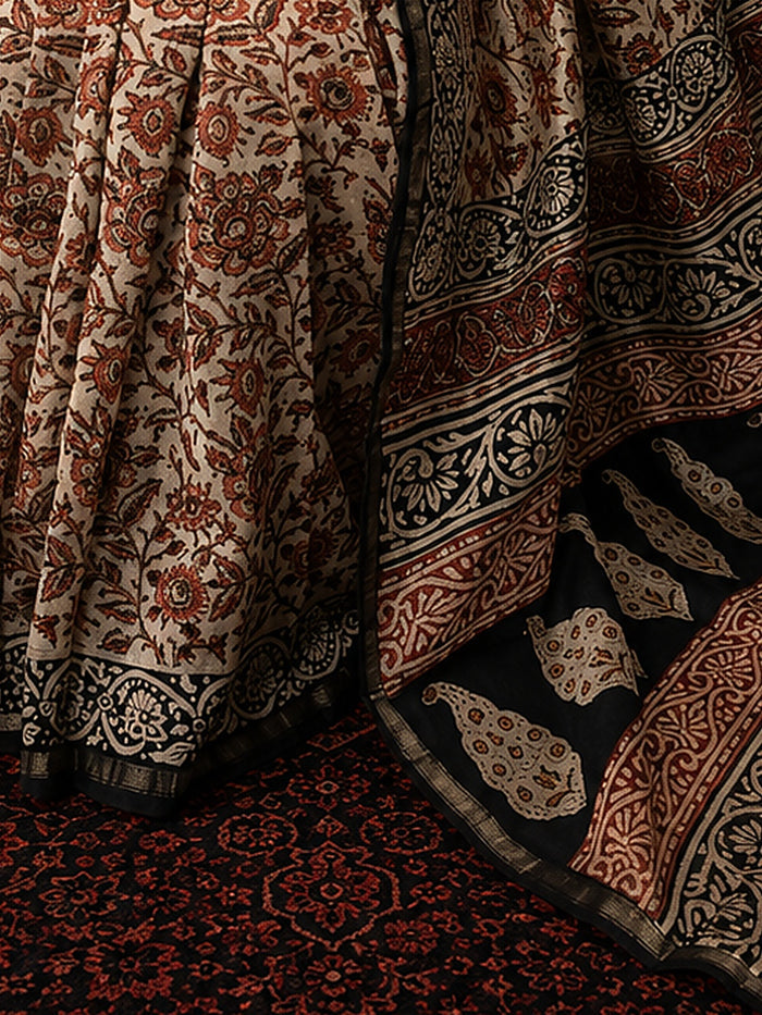 Indiehaat | Beige Chanderi Silk Kalamkari Saree