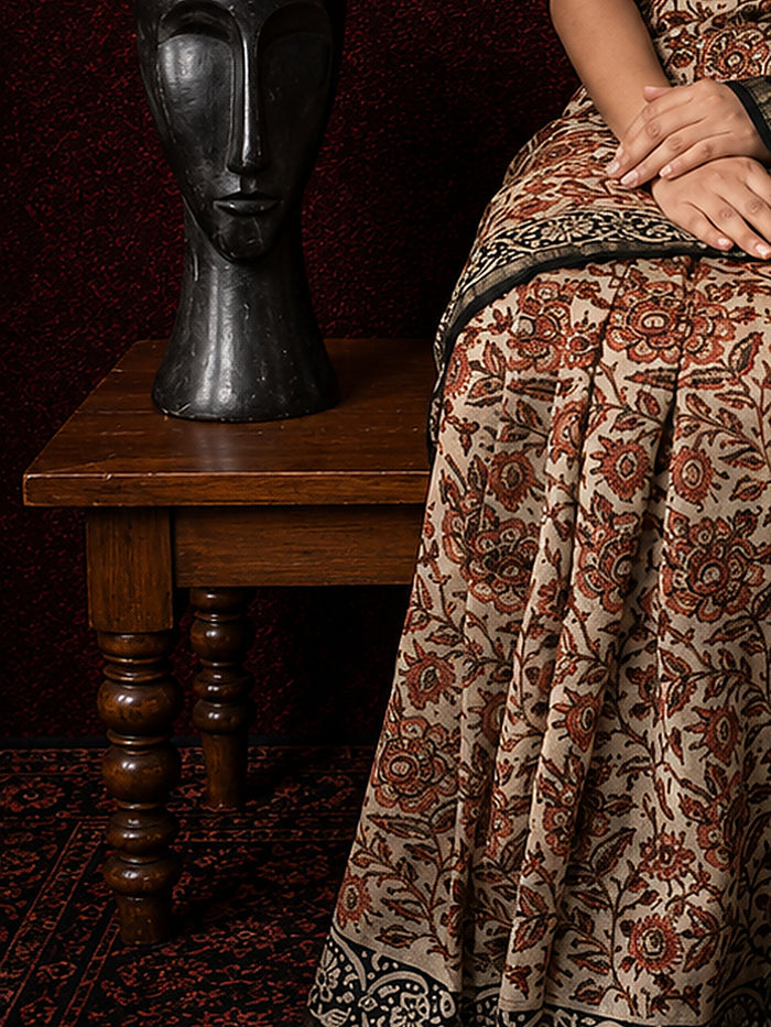 Indiehaat | Beige Chanderi Silk Kalamkari Saree