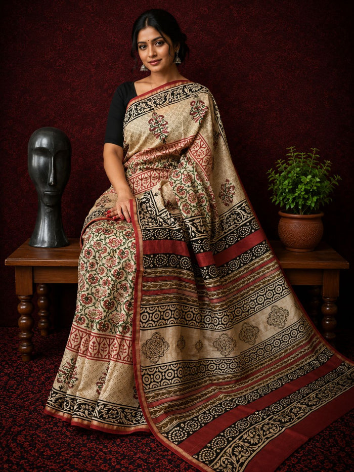 Indiehaat | Beige Chanderi Silk Kalamkari Saree