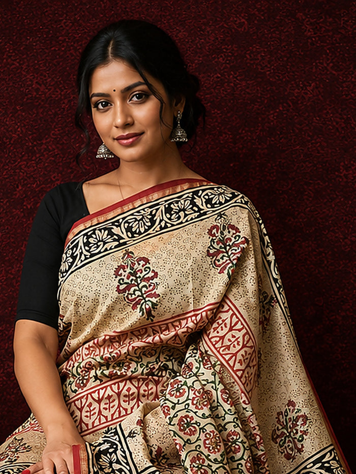 Indiehaat | Beige Chanderi Silk Kalamkari Saree