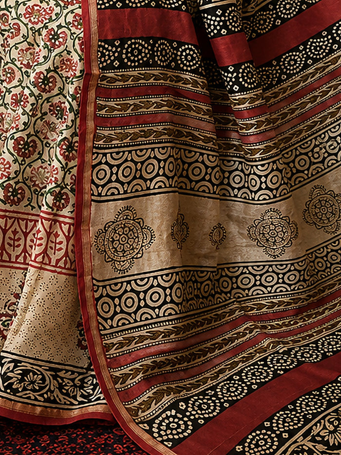 Indiehaat | Beige Chanderi Silk Kalamkari Saree
