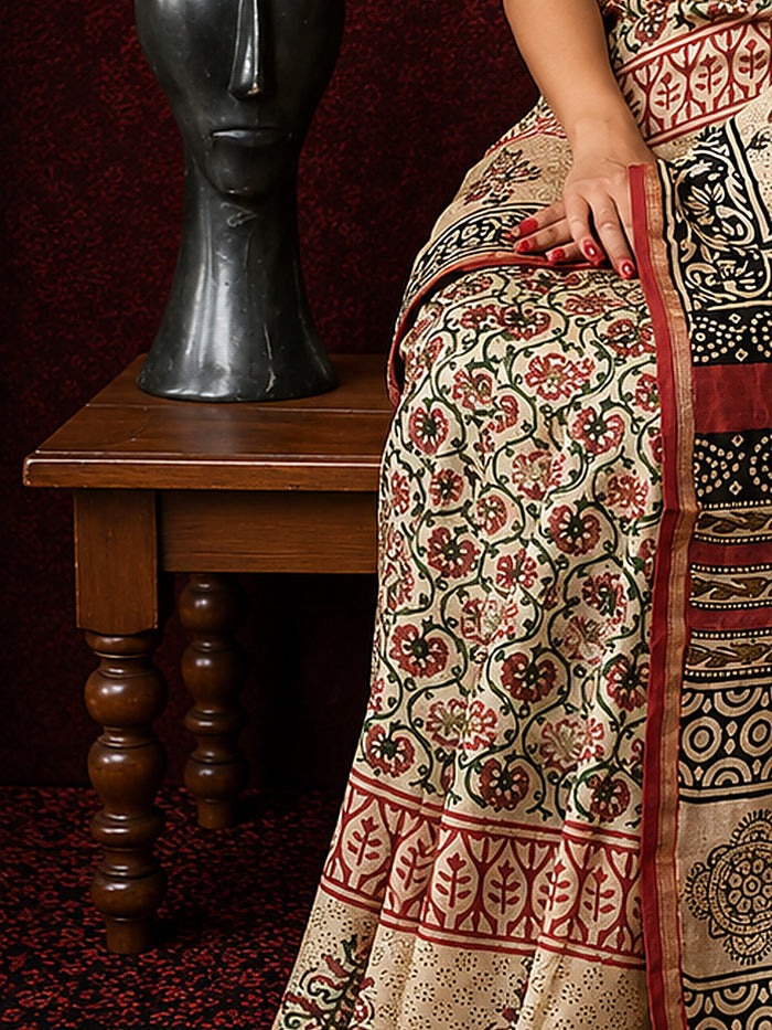 Indiehaat | Beige Chanderi Silk Kalamkari Saree