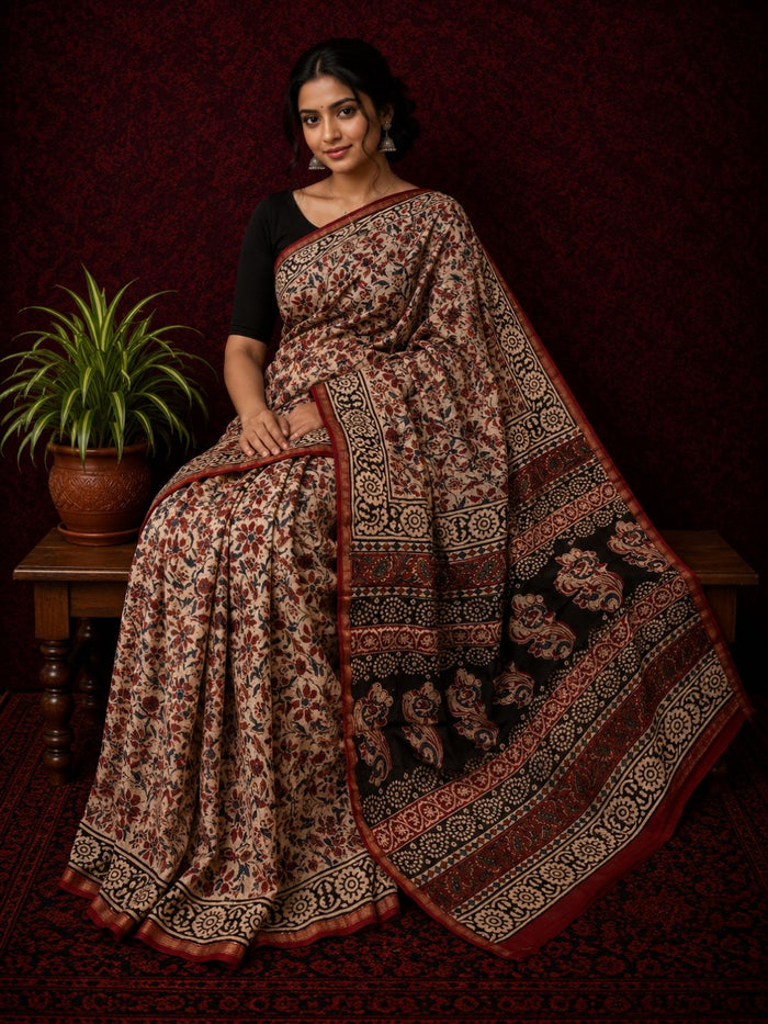 Indiehaat | Beige Chanderi Silk Kalamkari Saree