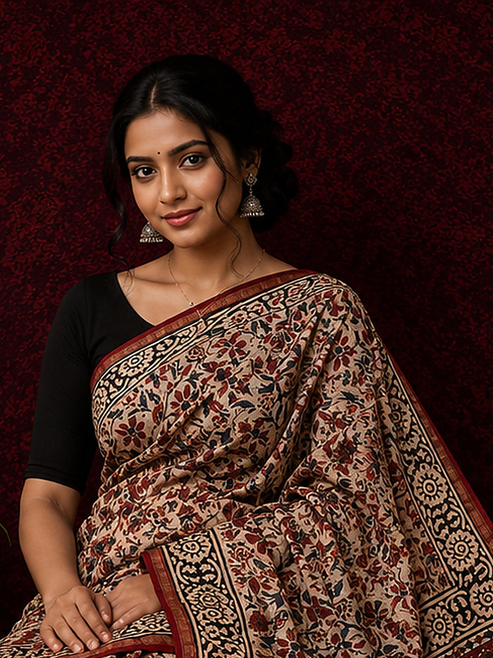 Indiehaat | Beige Chanderi Silk Kalamkari Saree